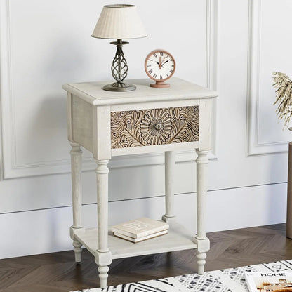 Flower Motif Nightstand w/Drawer & Storage, Fully-Assembled