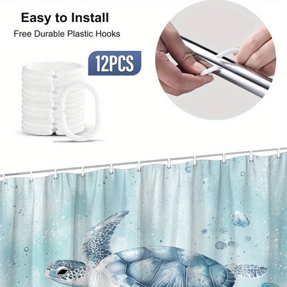 Sea Turtle Shower Curtain Blue Grey Coral Reef Underwater Design Polyester Fabric 12 Hooks Machine Washable Air Dry Modern Bathroom Decor Smooth Texture Turtle Theme Bathroom Curtain Waterproof Bath Curtain Ocean Style Bathro