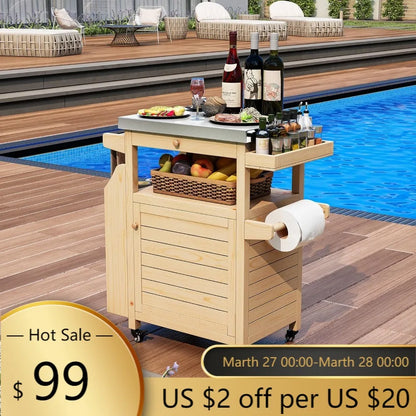 Stainless-Steel Outdoor BBQ Grill Table w/Storage, Wheels
