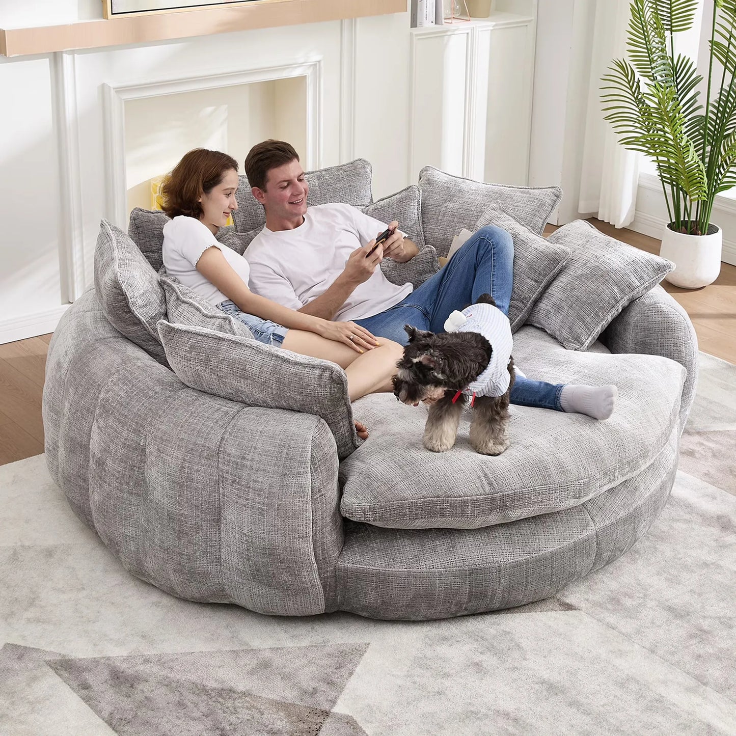 81.1" Oversized Round Chaise Lounge Chair with 14 Pillows, Modern Chenille