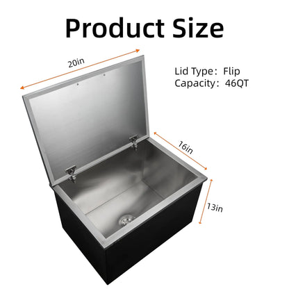 Large 45qt Capacity Stainless Steel Drop-in Ice Bin w/Lid & Drainpipe