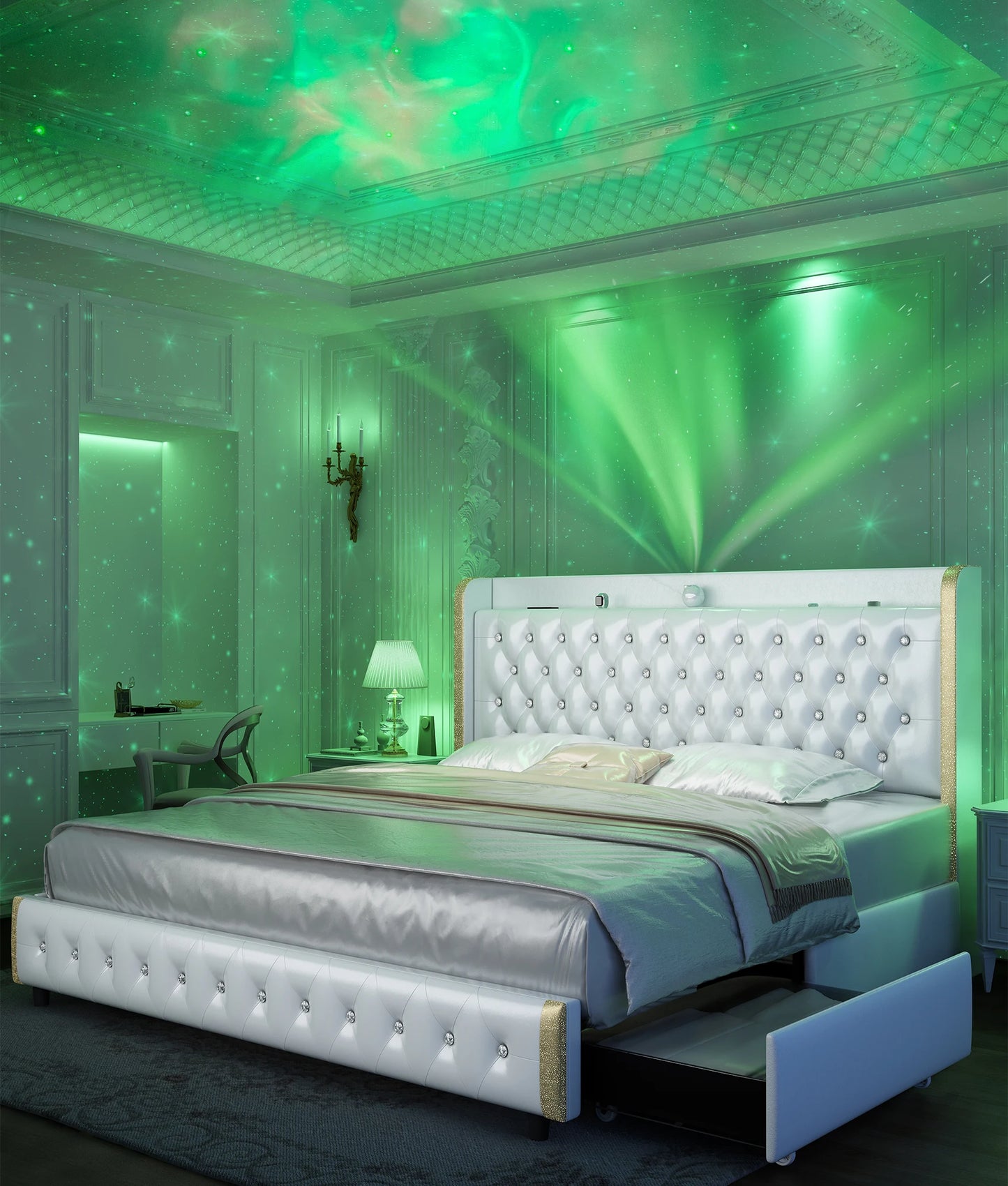 4 Drawers, Queen LED Bed Frame w/Galaxy Projector, Bluetooth, USB Ports