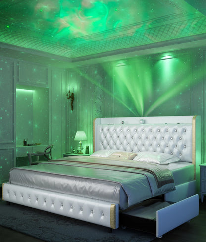 4 Drawers, Queen LED Bed Frame w/Galaxy Projector, Bluetooth, USB Ports