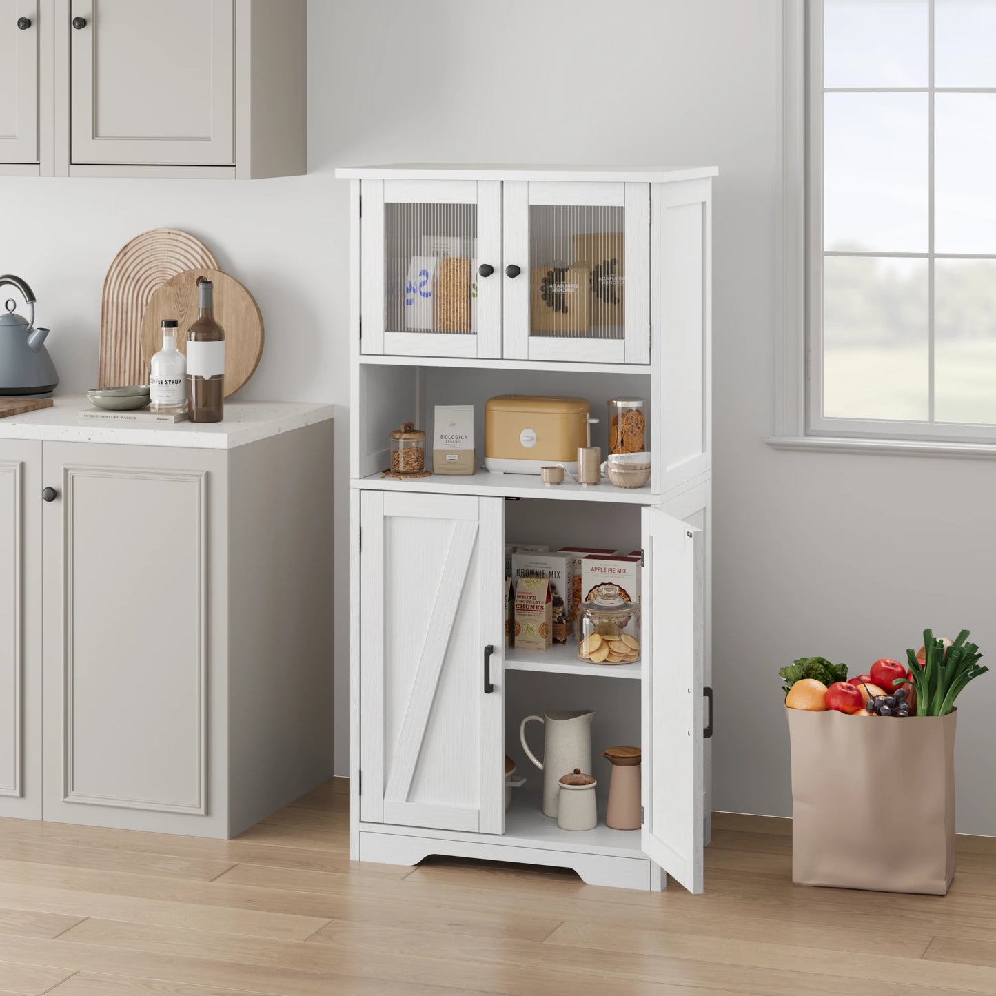 Free Standing Kitchen Pantry w/ 4 Doors, Tempered Glass