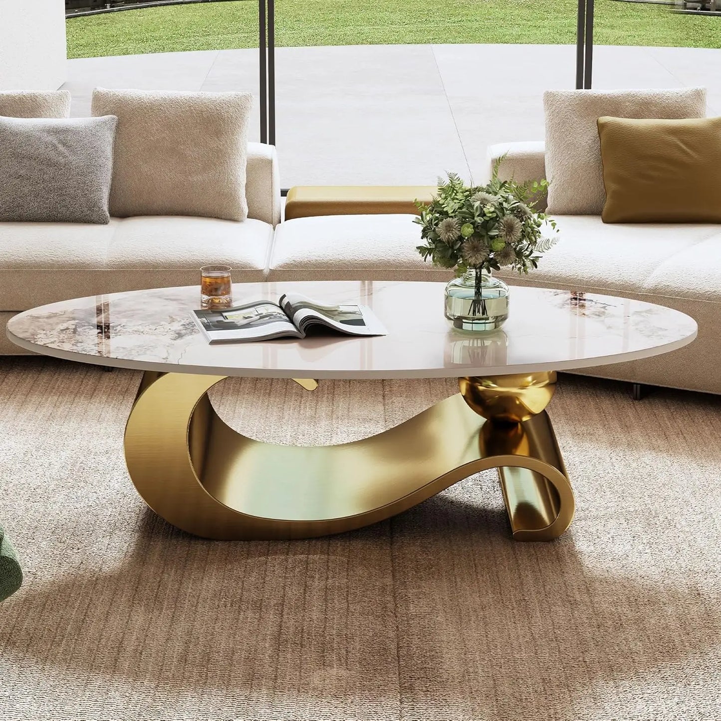 Modern, Oval Living Room Table w/ Faux Marble Top
