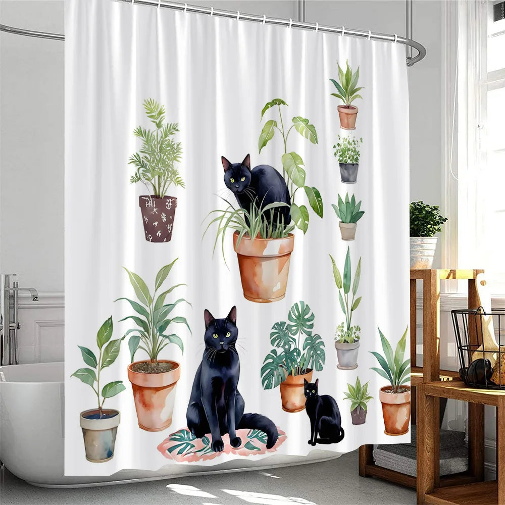 Cute Greenery Print Shower Curtain with Hooks
