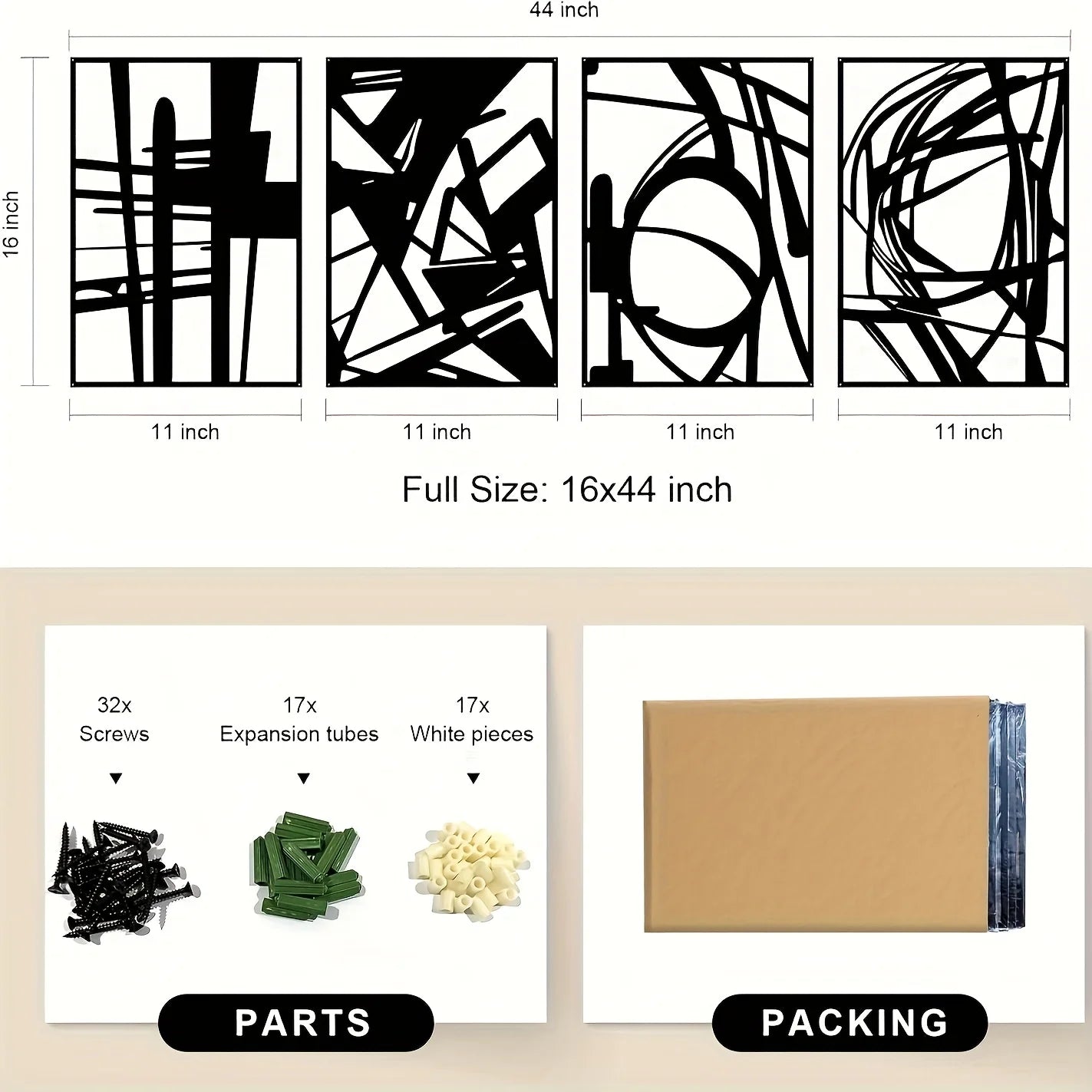 3D, 4pcs, Black Abstract Metal Wall Art, Minimalist Decor