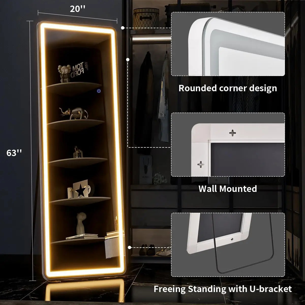 63"x20" Full Length Lighted Floor Mirror w/Stand
