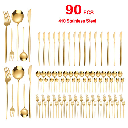 90pc Gold 420 Stainless Steel Silverware - Heavy Duty Cutlery