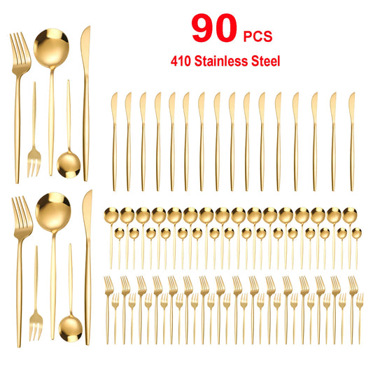 90pc Gold 420 Stainless Steel Silverware - Heavy Duty Cutlery