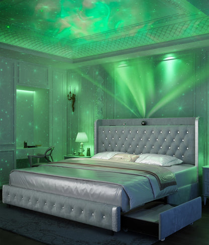 4 Drawers, Queen LED Bed Frame w/Galaxy Projector, Bluetooth, USB Ports