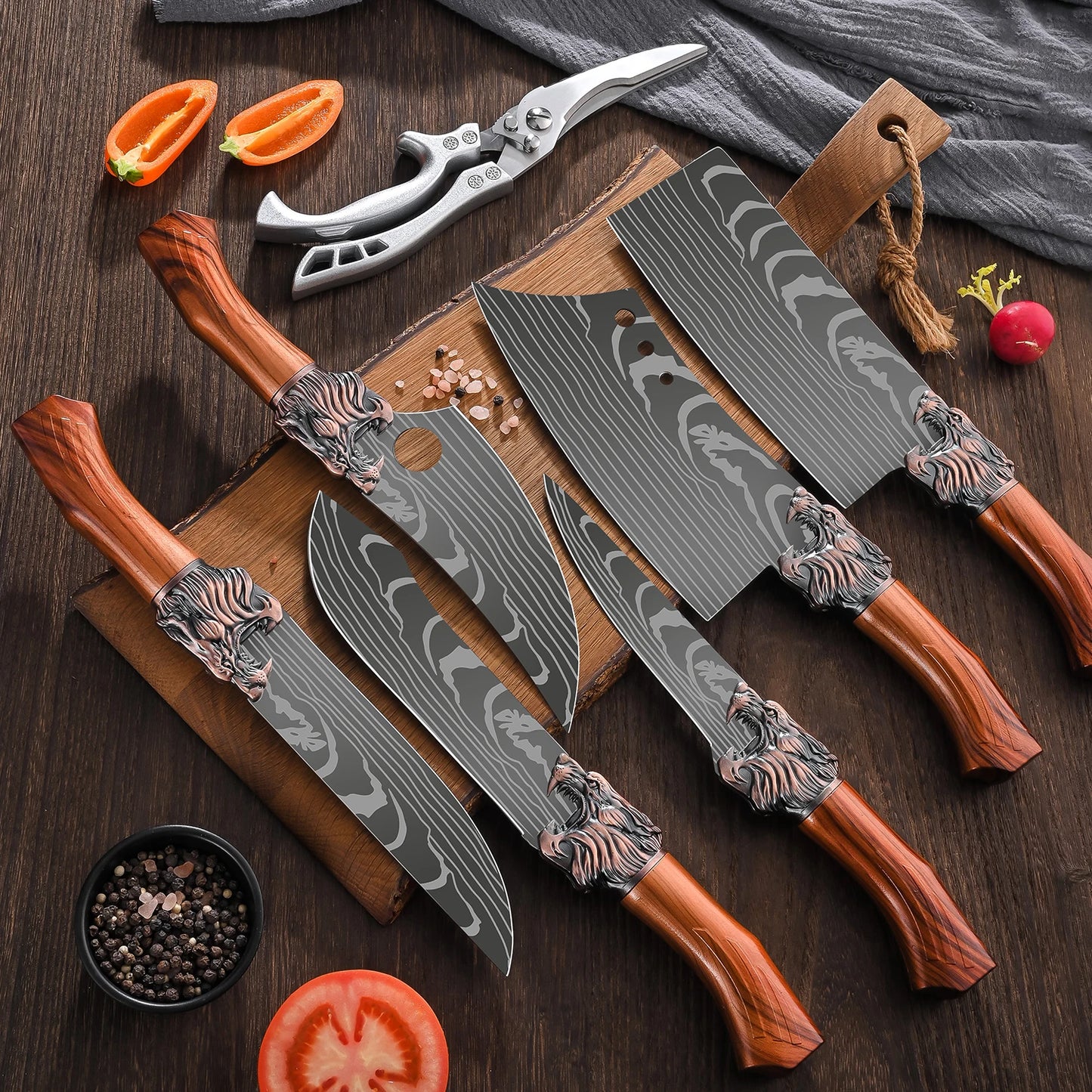 Stainless Steel Kitchen Knife Set, w/Block, Non-Slip Ergonomic Handle