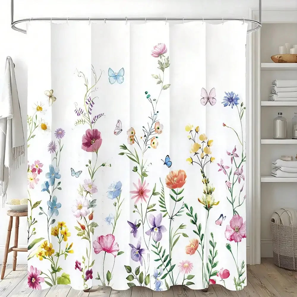 Floral Shower Curtain and Anti-Slip Bathroom Mat, Multi-Colors