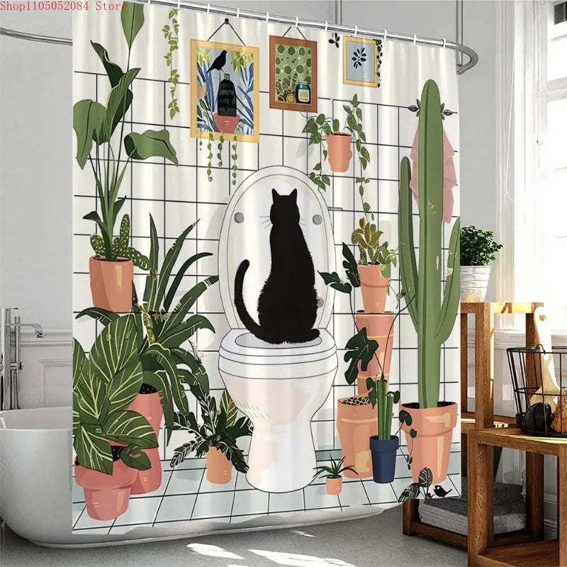 Cute Greenery Print Shower Curtain with Hooks