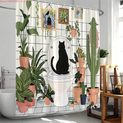 Cute Greenery Print Shower Curtain with Hooks