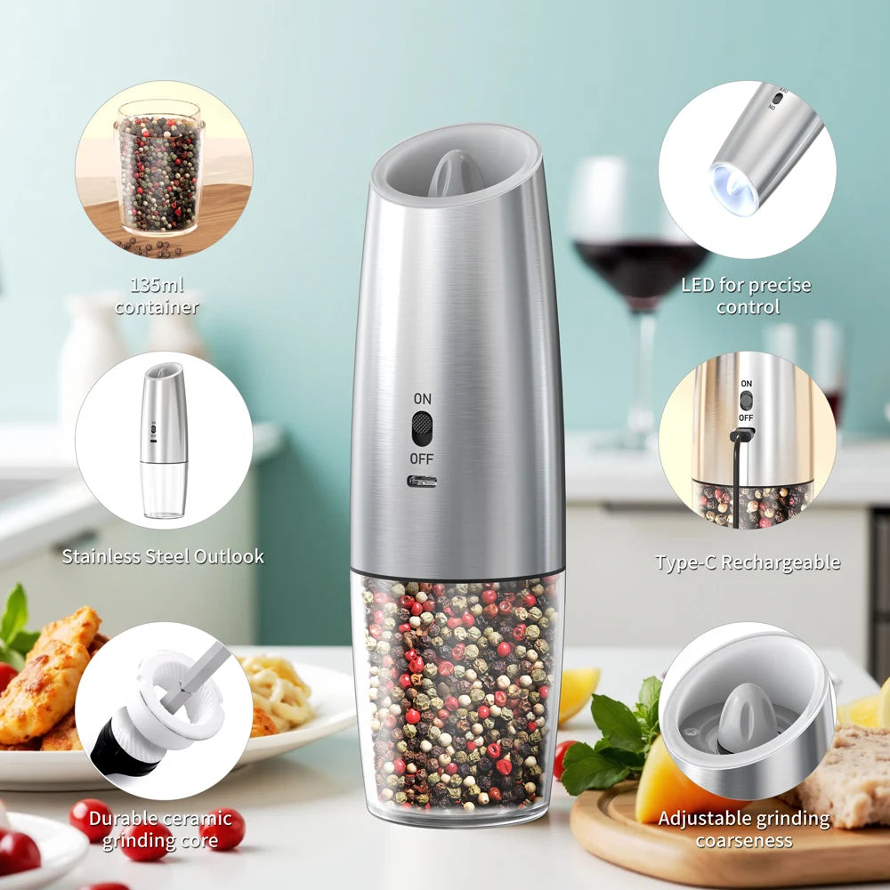 Rechargeable Electric Salt & Pepper Grinder Set, LED Light,