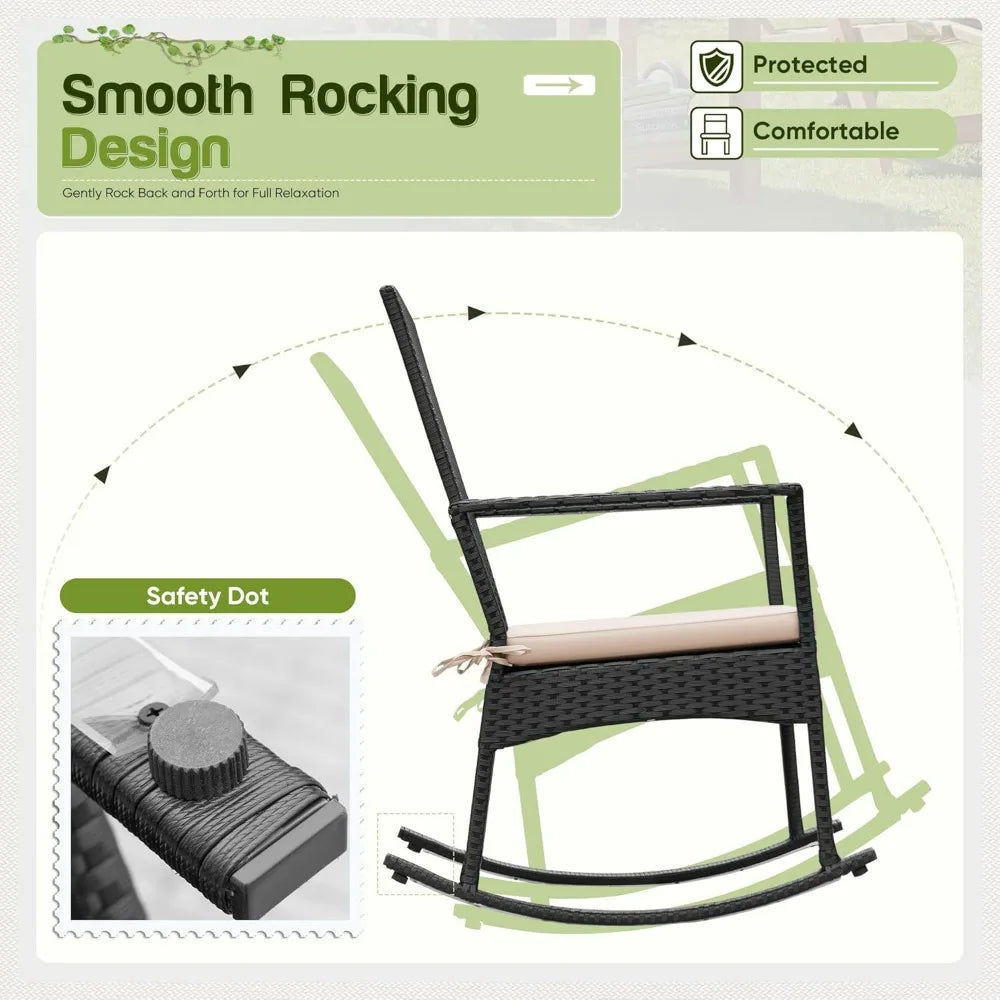 Outdoor High Back Rocking Chair Set w/Glass Table, Beige