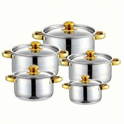 5pc Golden Stainless Steel Cookware Set - Durable, Multi-Purpose, Easy to Clean, Compatible with All Stoves, Non-Stick,