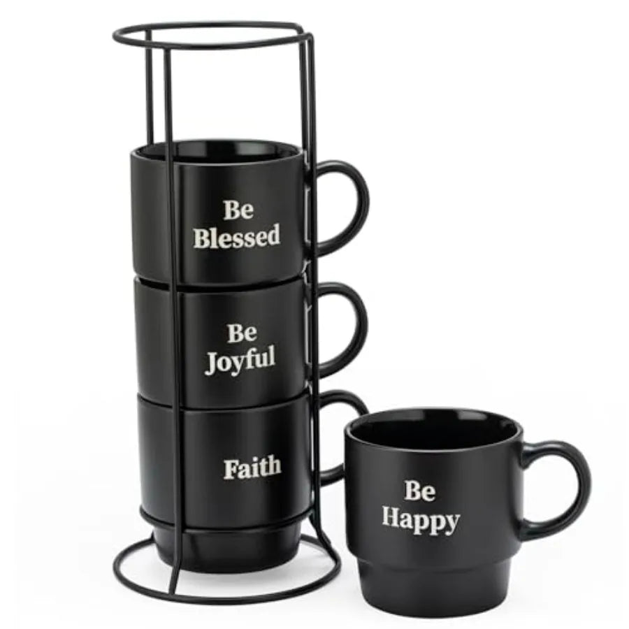 Stackable Coffee Mug Set with Metal Wire Rack