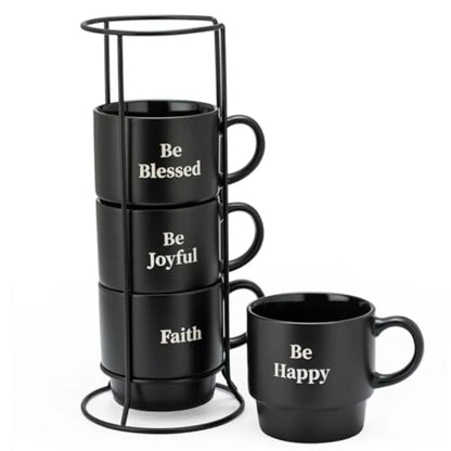Stackable Coffee Mug Set with Metal Wire Rack