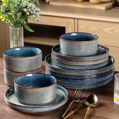 12pc Scratch-Resistant, Stoneware Set (4), Ribbed Ceramic Plates and Bowls