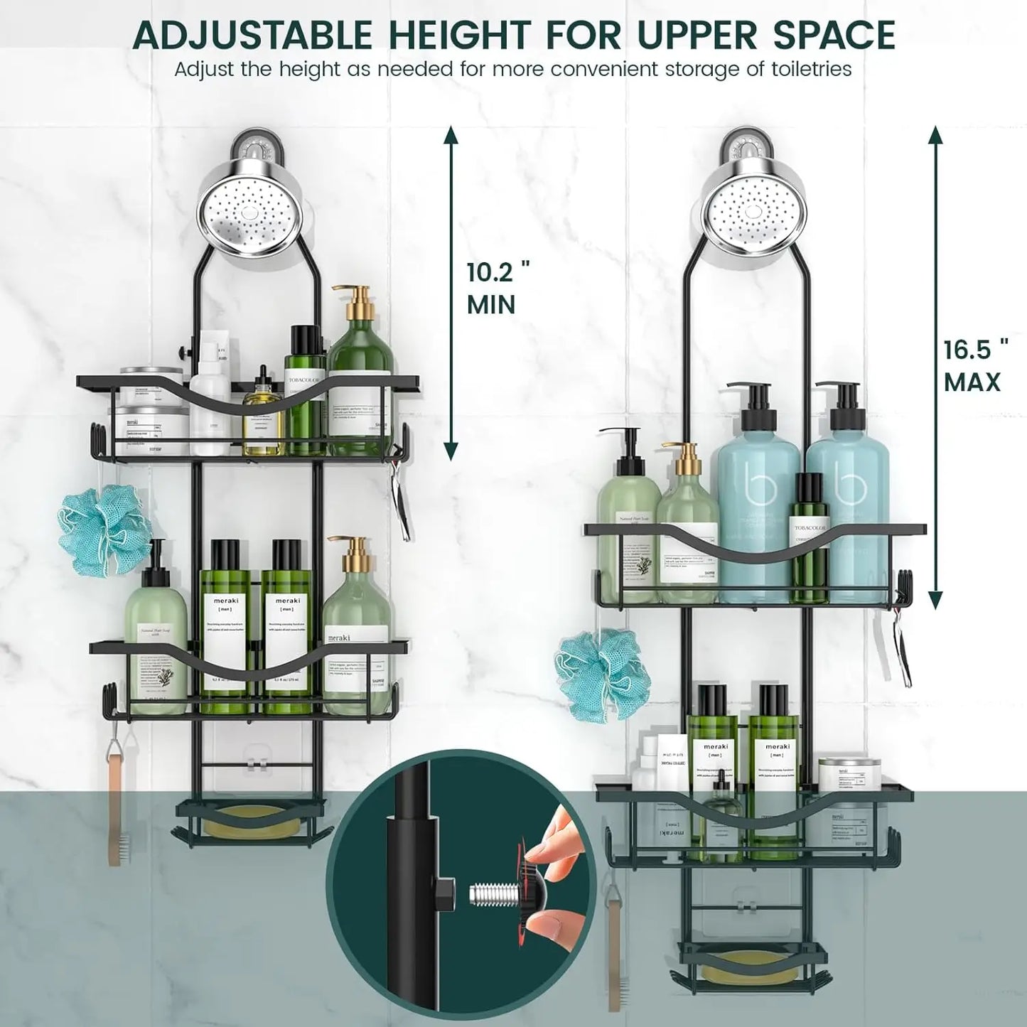Large Rustproof Hanging Shower Caddy w/Hooks,