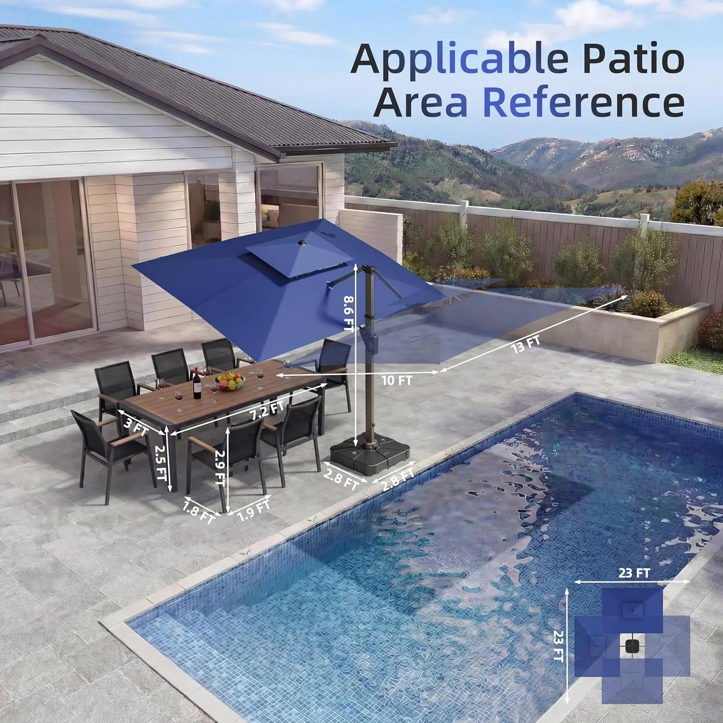 10'x13' Cantilever Patio Umbrella w/Led Lights, Heavy Duty