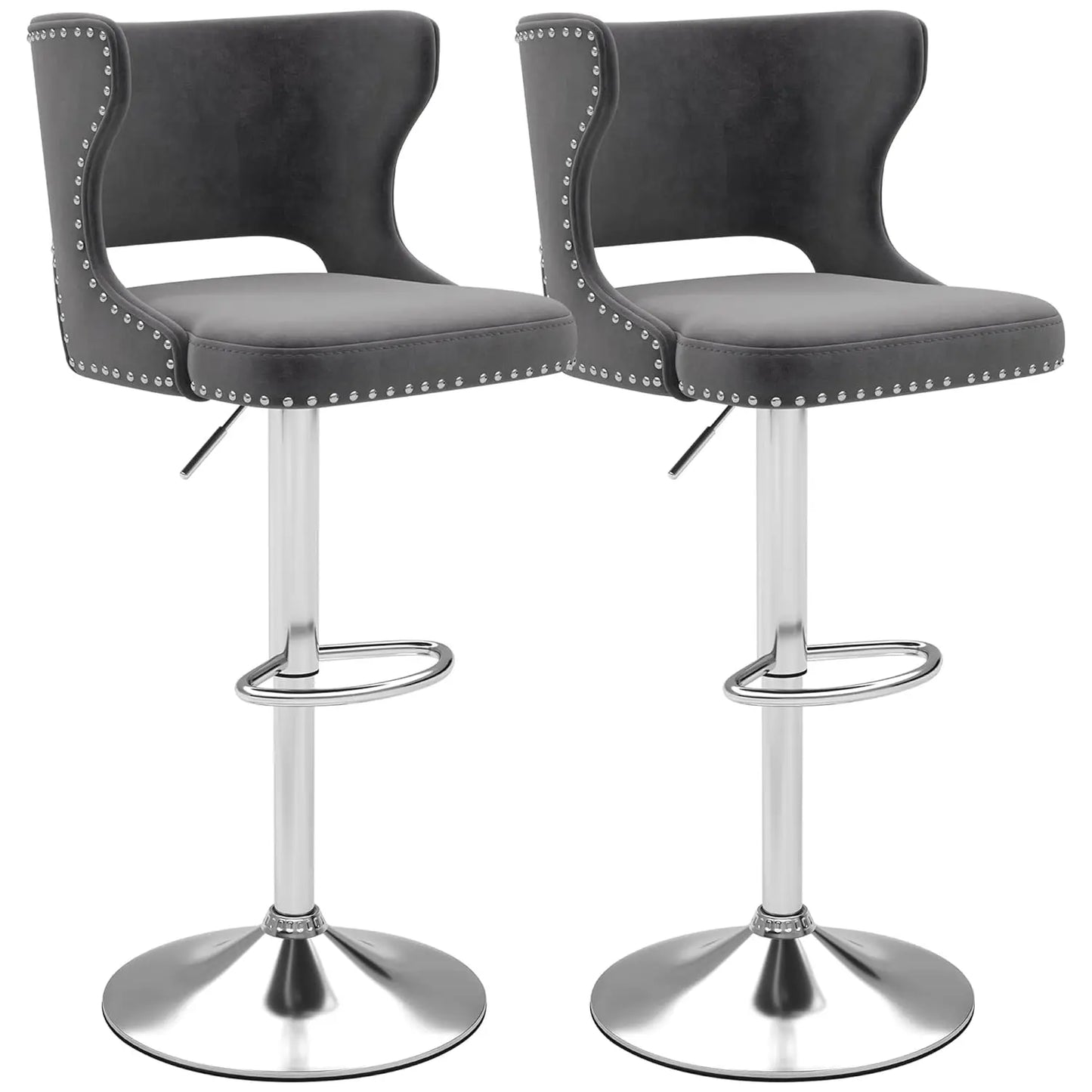 Set (2) Velvet Upholstered, Adjustable, Swivel, Curved Back Barstool