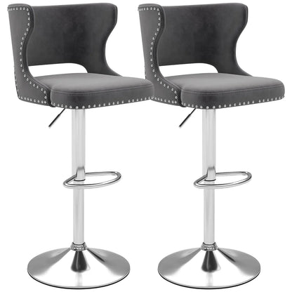 Set (2) Velvet Upholstered, Adjustable, Swivel, Curved Back Barstool
