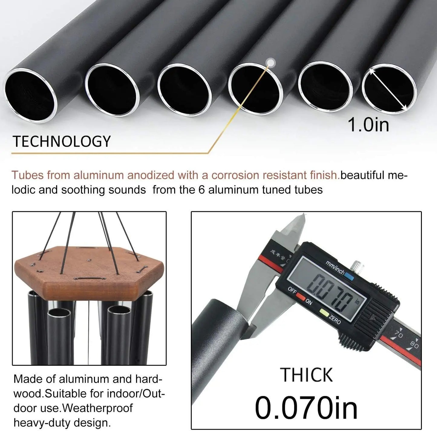 36"Deep Tone Wind Chimes with 6 Metal Tubes
