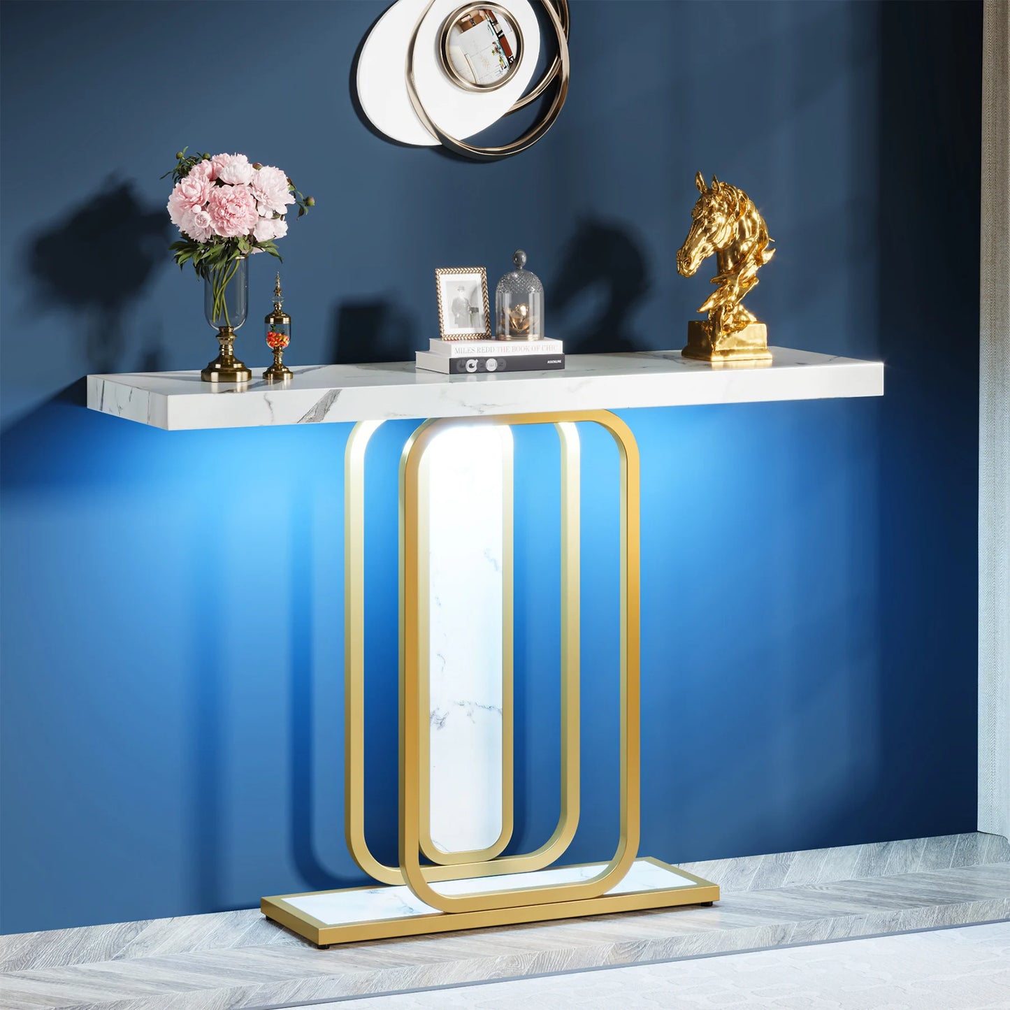 Modern Accent Gold/White Console Table , LED Lights,