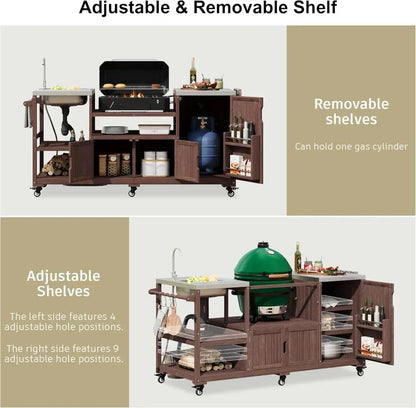 75.4" Outdoor Stainless Top Kitchen Island w/Sink, Rolling BBQ Cart