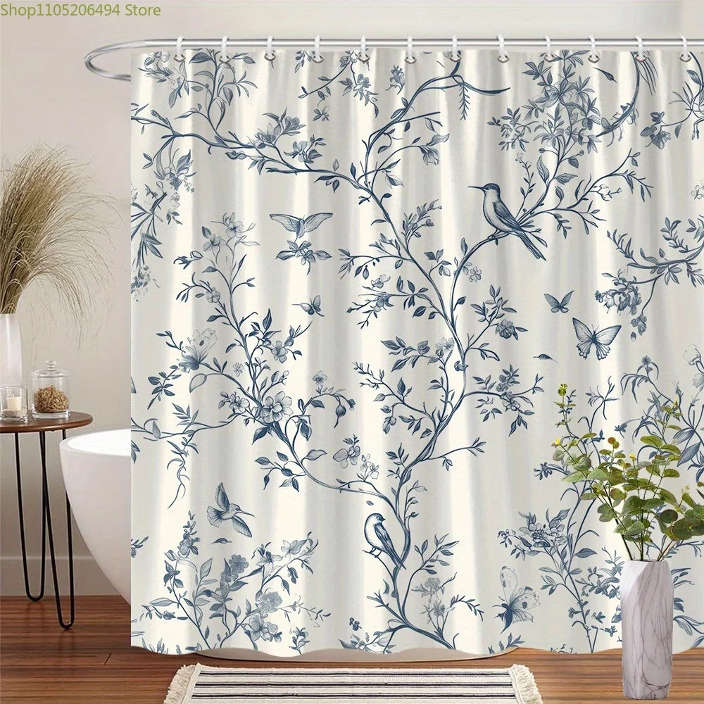 Vintage Floral Shower Curtain - Elegant Blue Branches & Birds