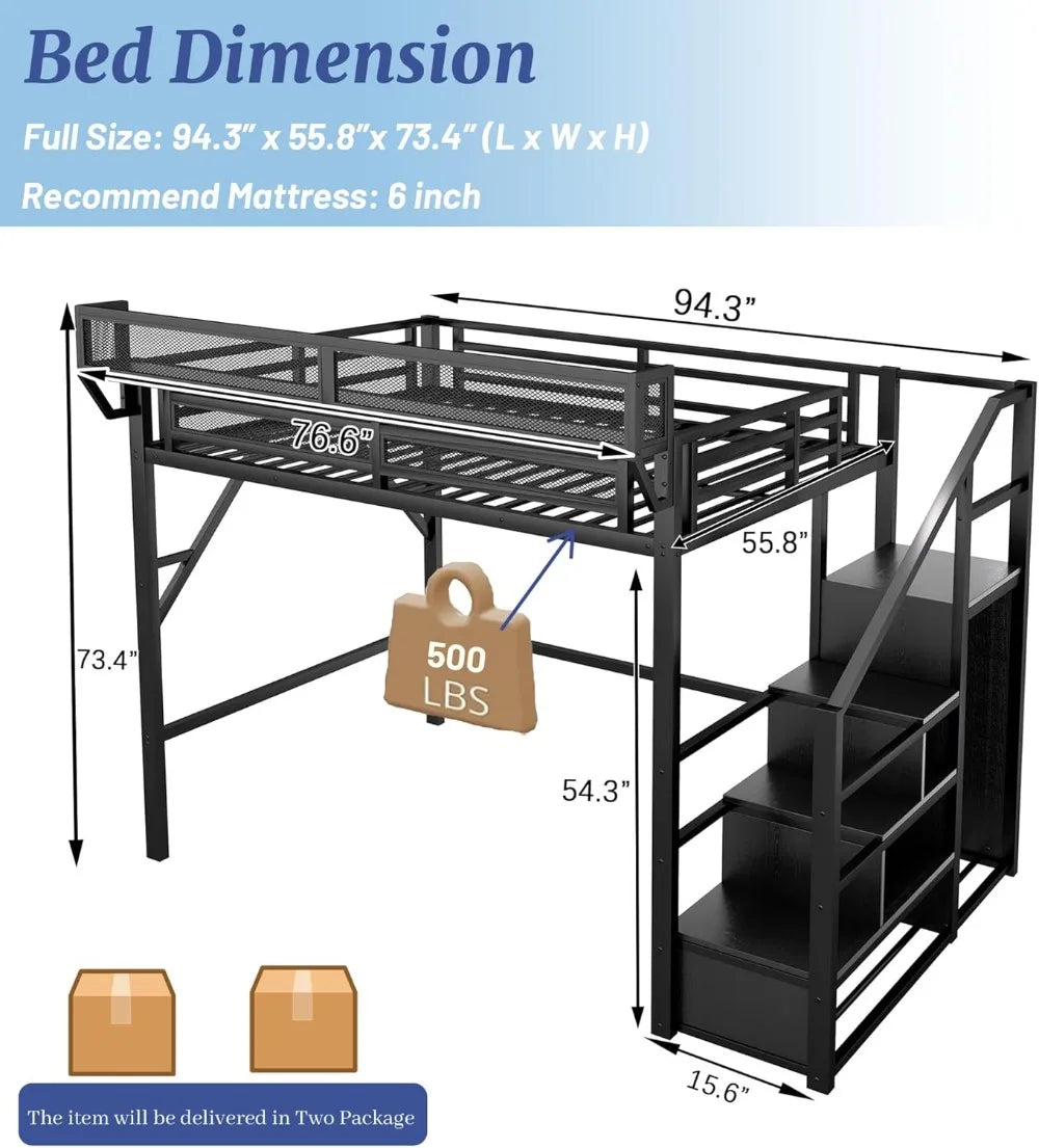 Full Size Metal Loft Bed with Stairs, Storage Shelves