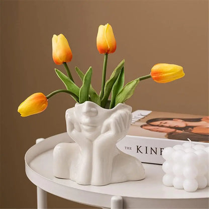 Unique White Flower Ceramic Female Face Vase