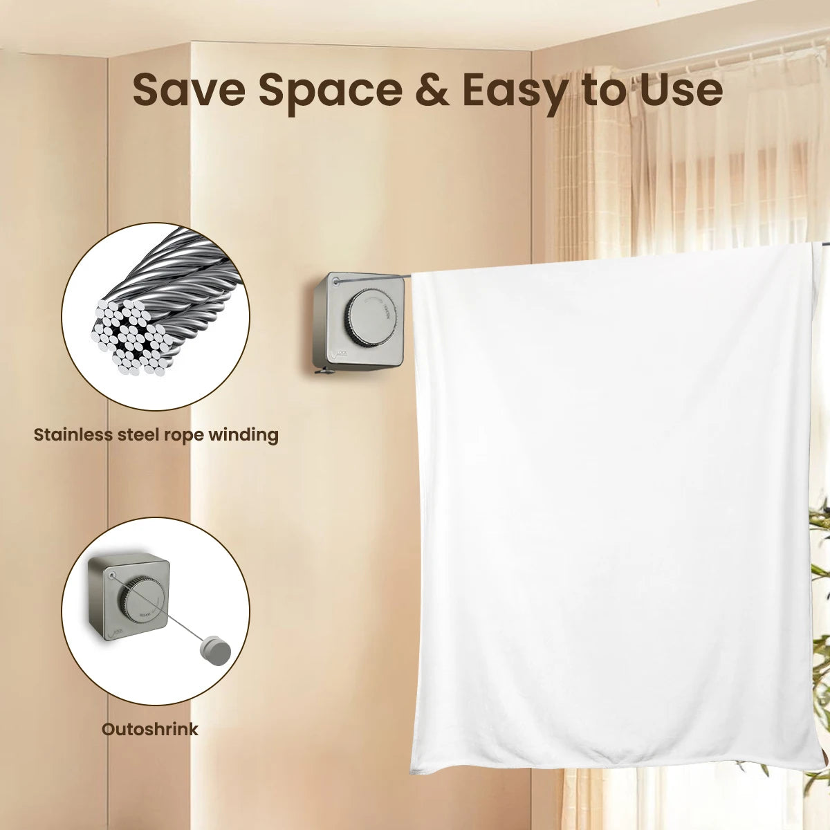1 Pcs Indoor Retractable, Non-Sagging Clothesline 15.1ft