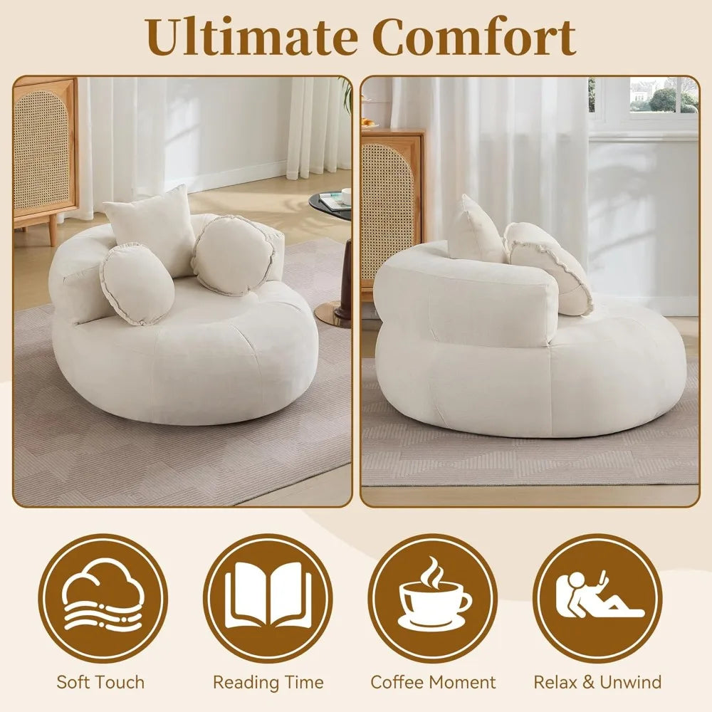Oversized Round Sofa Chair, Chenille Fabric Circle Lounge Chair, Boneless Barrel Shape Lazy Bean Bag