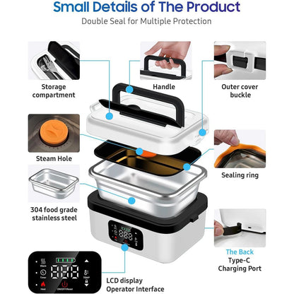 Rechargeable Portable Food Warmer w/Fork and Spoon, Insulated Carrying Bag