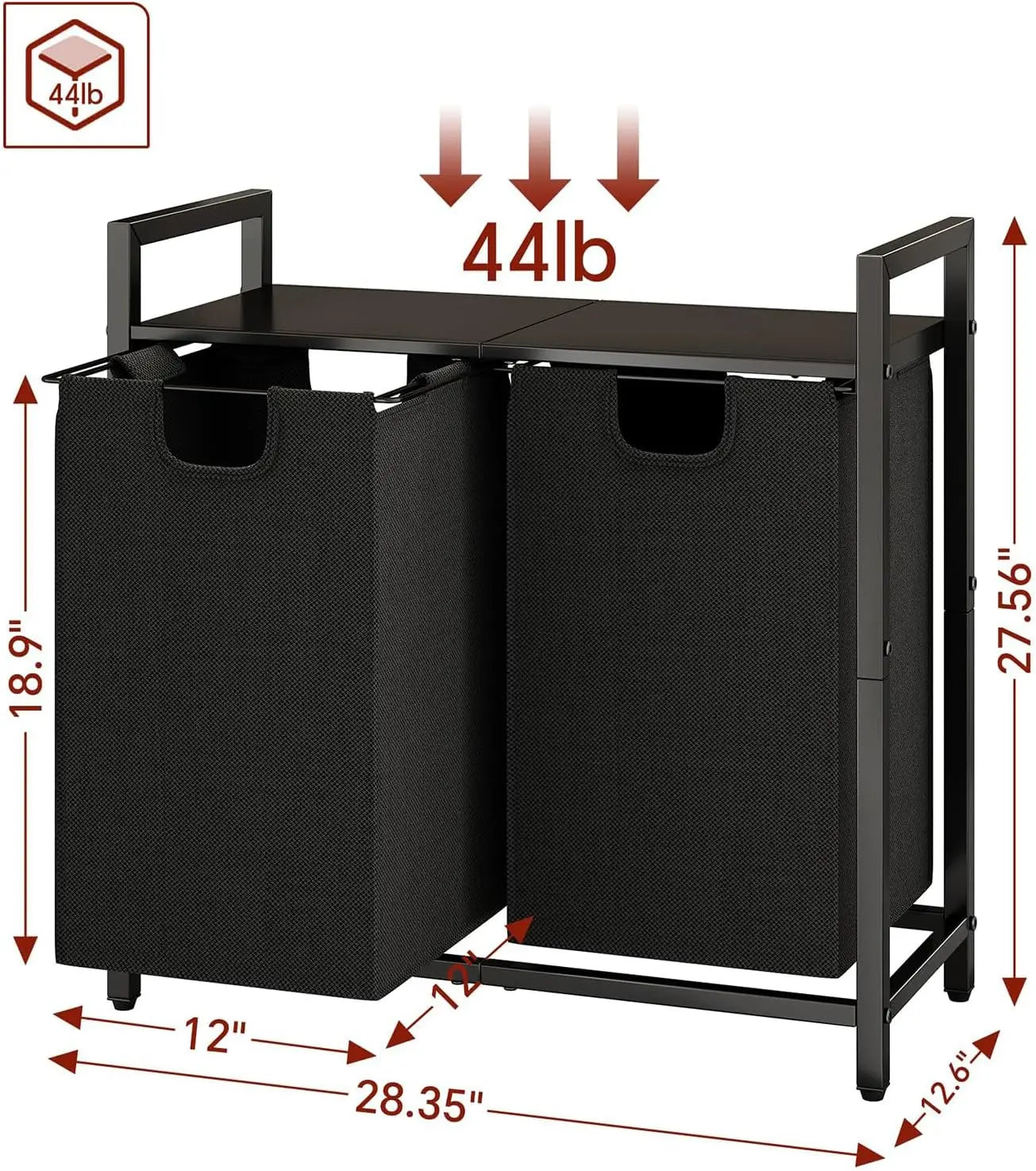 Dual Compartment Laundry Basket w/Shelf & Removable Bags,