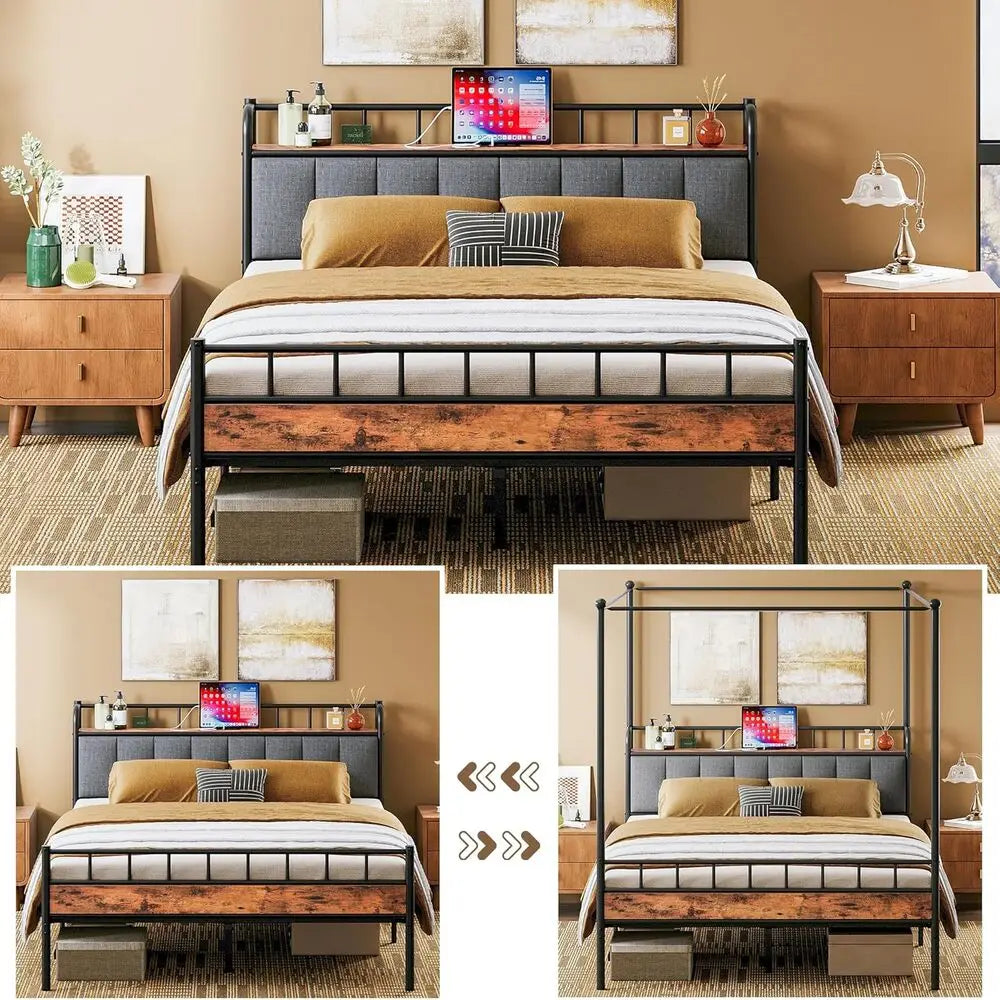 Queen Canopy Bed Frame, Storage and Headboard w/Charging Station