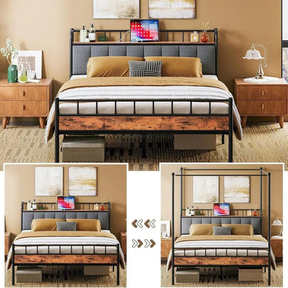 Queen Canopy Bed Frame, Storage and Headboard w/Charging Station