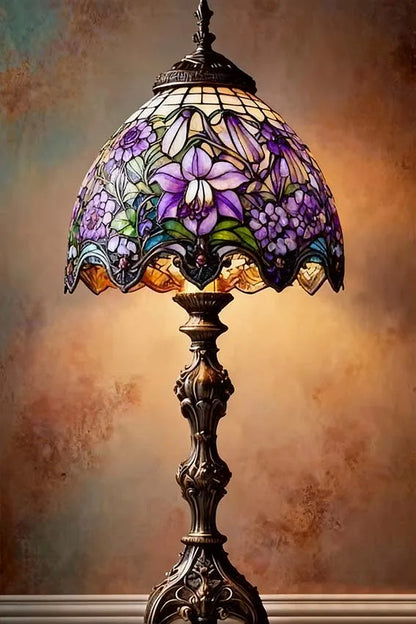 Elegant Floral Glass Table Lamp, Metal Sign Warm Beige
