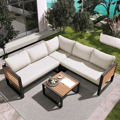 4 pc Acacia Wood Outdoor Sectional Slatted Sofa Set w/Cushions