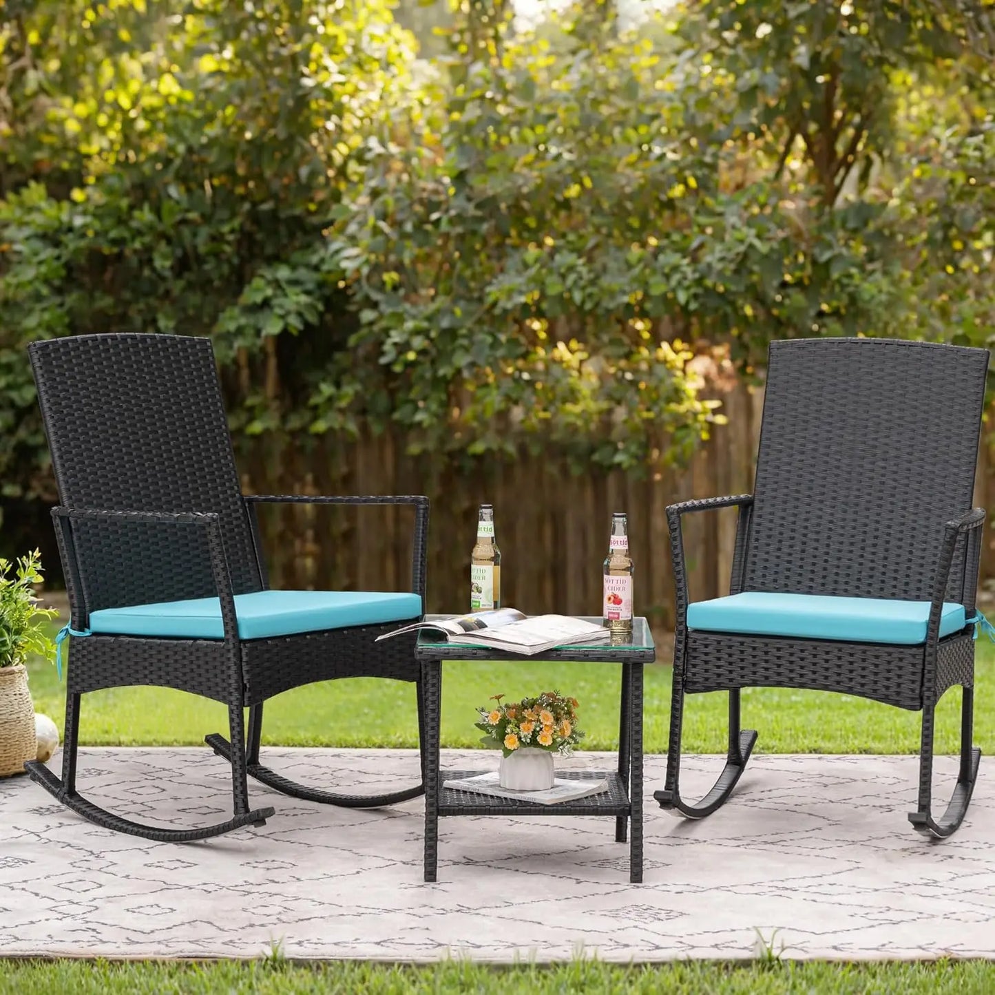 Outdoor High Back Rocking Chair Set w/Glass Table, Beige