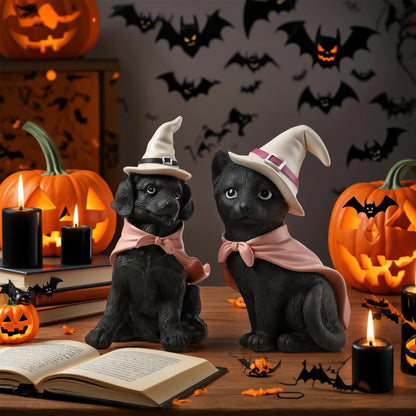 2pc Halloween Witch Hat, Black Cat and Dog Pet Figurine Set