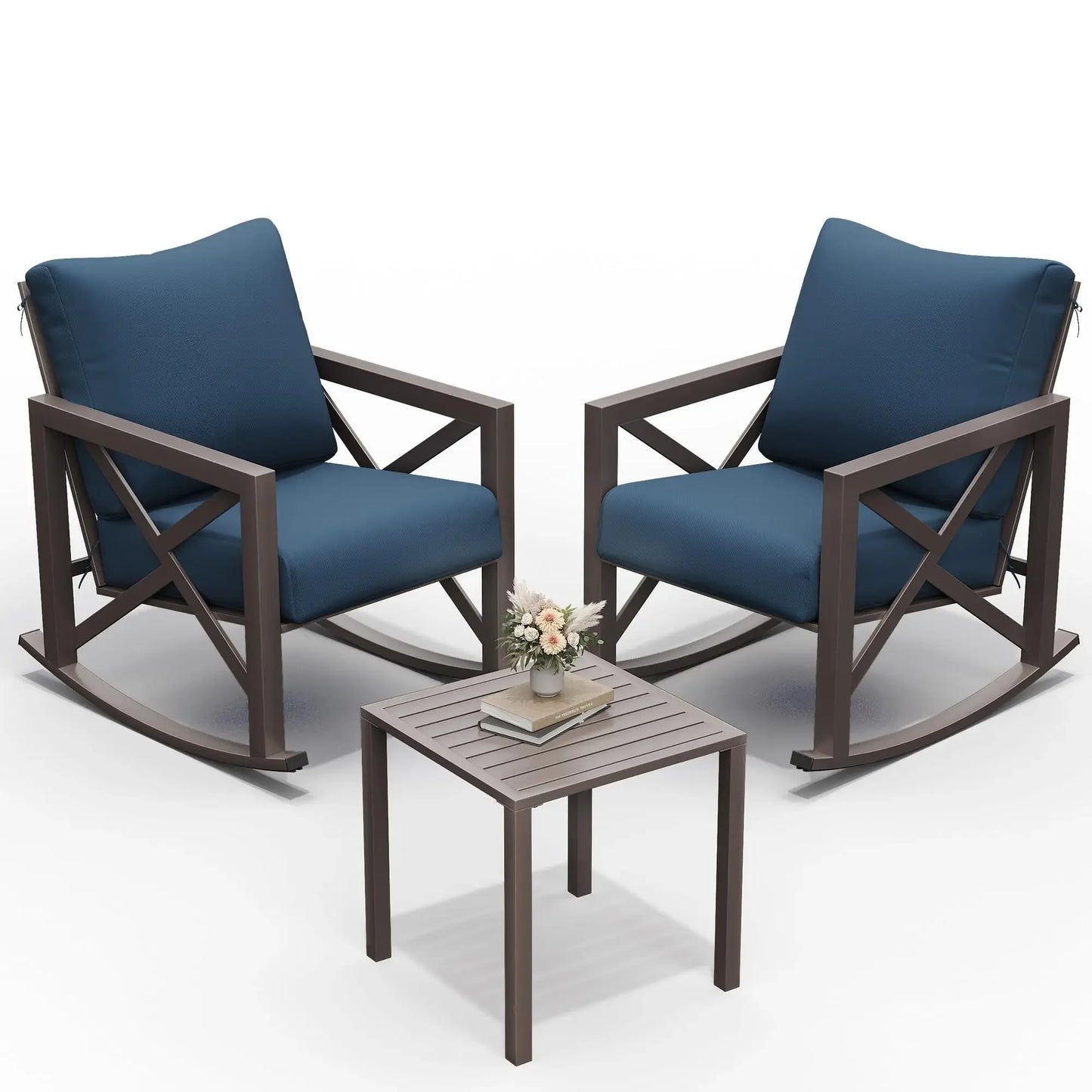 2 Outdoor Rocking Chair Set w/Table and 6.5" Water-Resistant Cushions