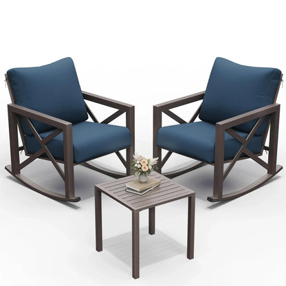 2 Outdoor Rocking Chair Set w/Table and 6.5" Water-Resistant Cushions