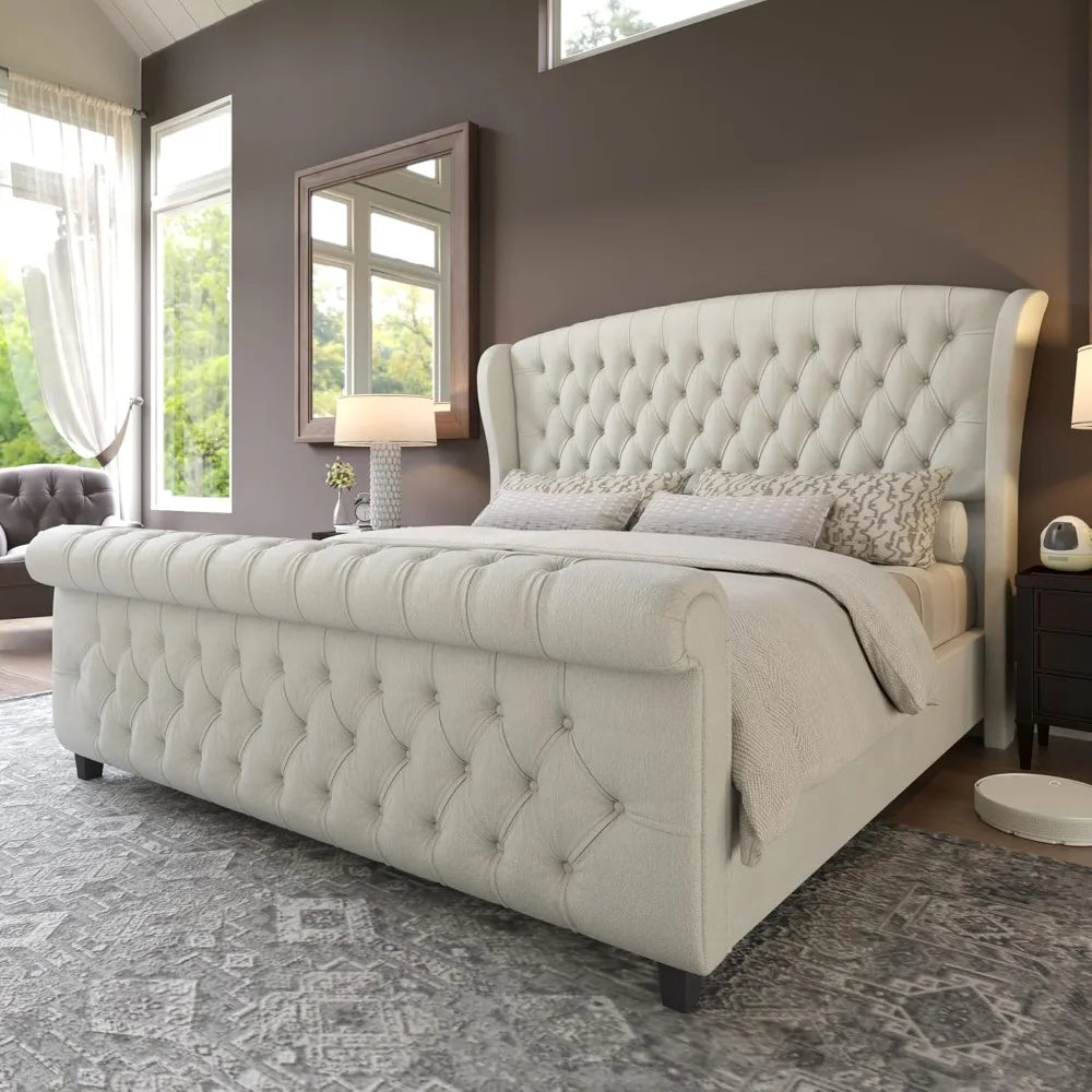 California King Sleigh Platform Bed Frame, Upholstered Headboard & Footboard