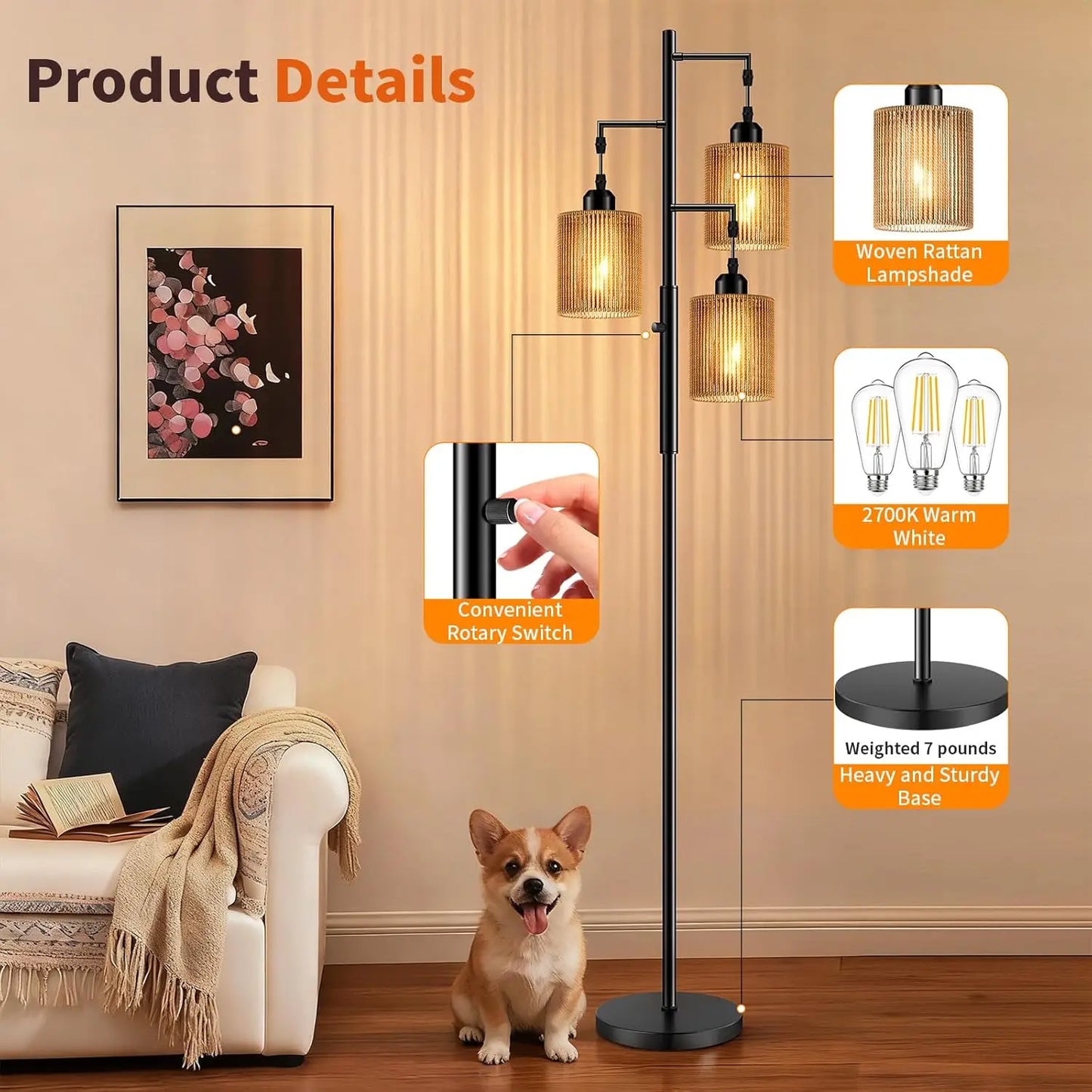 72" Boho Floor Lamp w/Dimmable Light, Handcrafted Brown Shade,