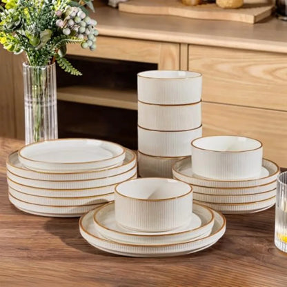 12pc Scratch-Resistant, Stoneware Set (4), Ribbed Ceramic Plates and Bowls